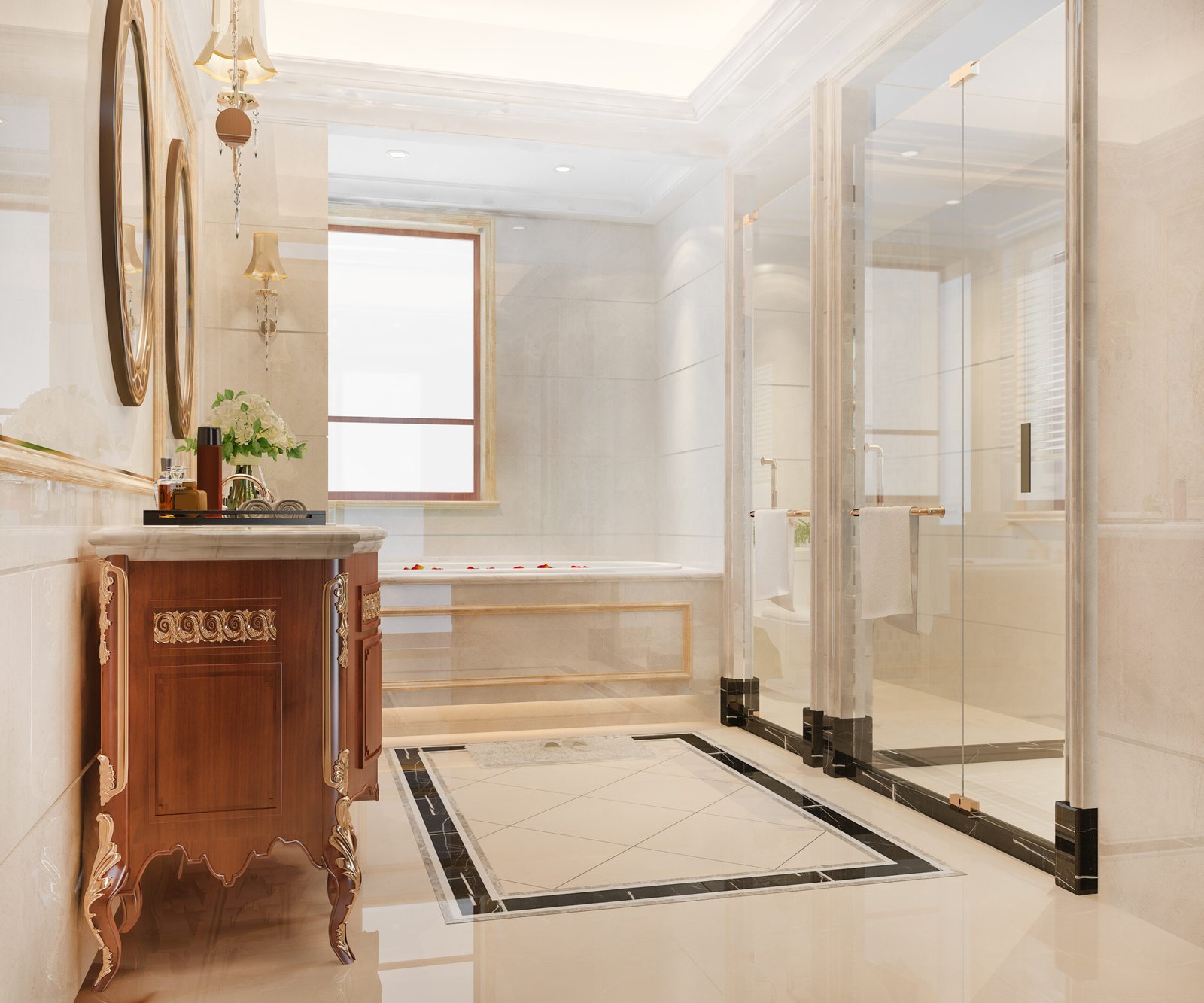 Modern bathroom remodeling project with wood, stone and white finishes